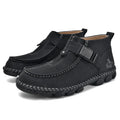 Men's black handmade stitching slip-on casual flat shoes with a low heel.