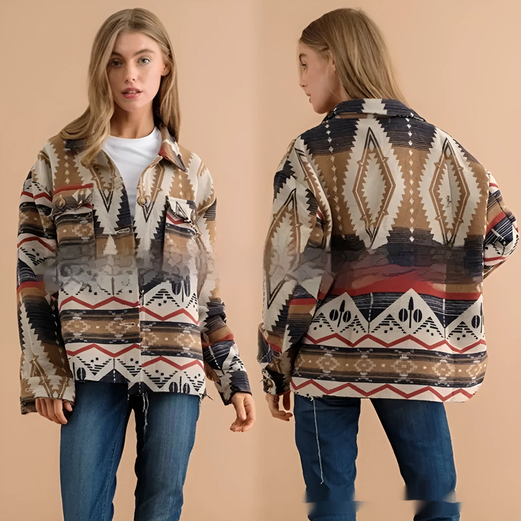 Retro style women's woolen jacket with Aztec printed design in loose fit