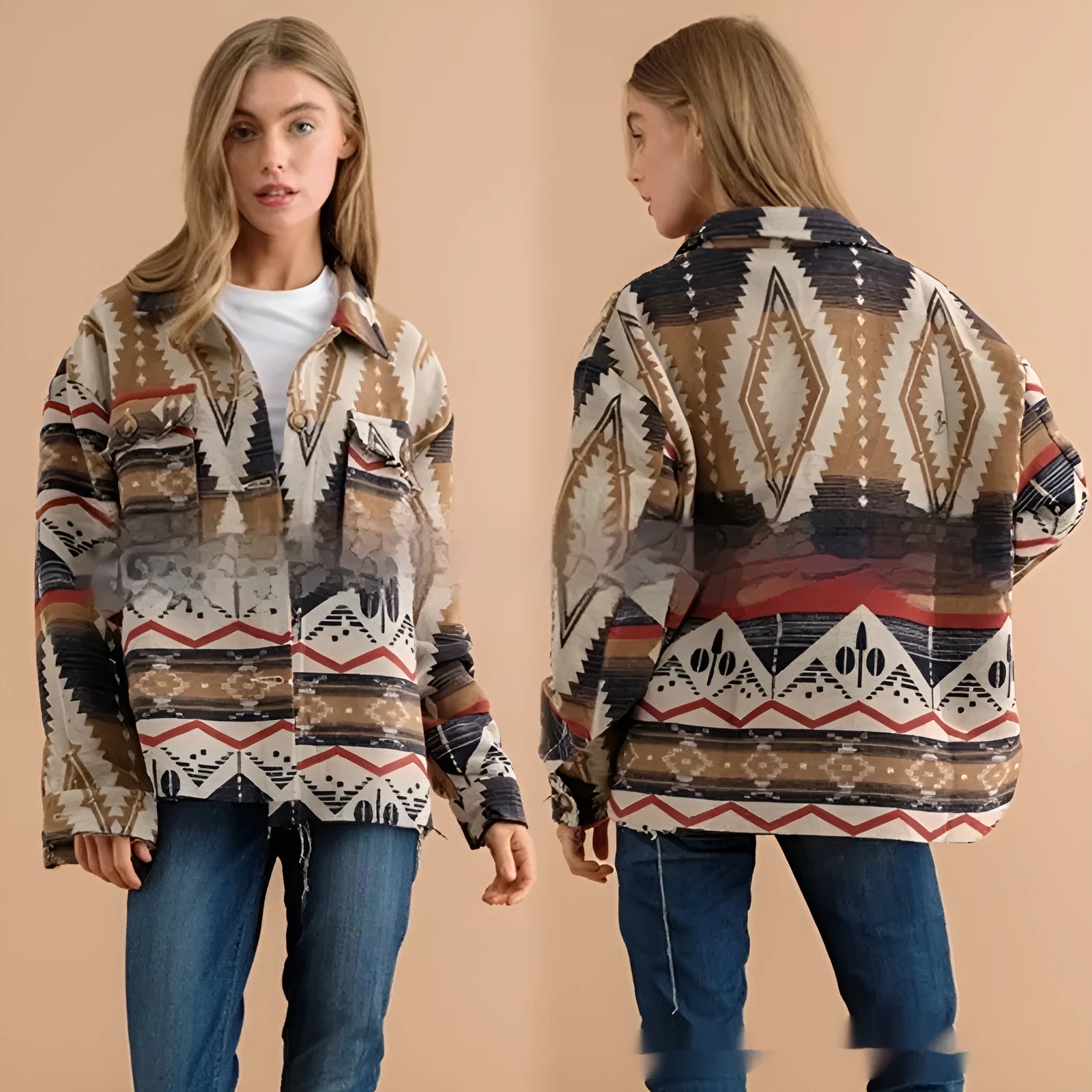 Retro style women's woolen jacket with Aztec printed design in loose fit