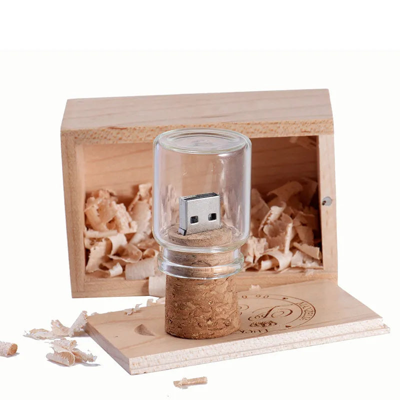 Personalised wooden drift bottle USB flash drive in chocolate brown with custom graphics