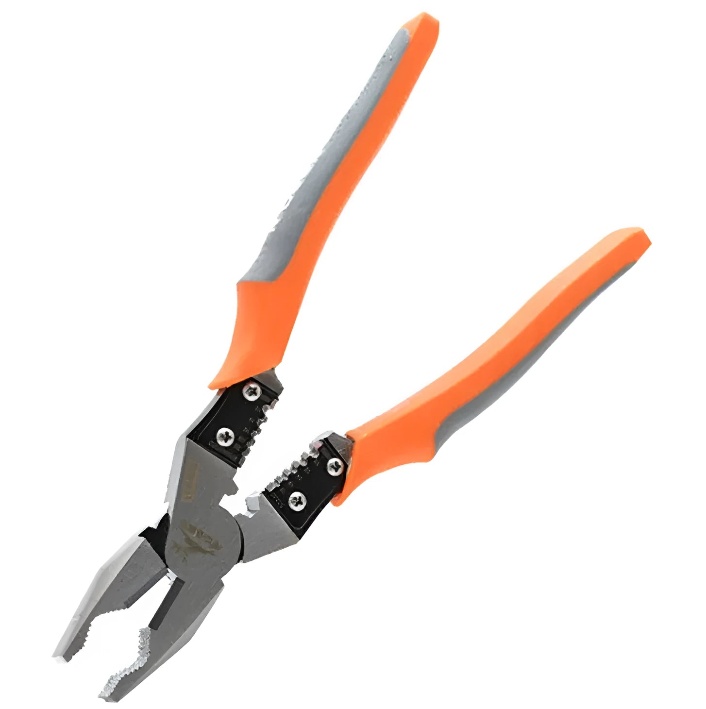 Orange-handled 9-inch multi-function wire cutter pliers with chrome steel head for cutting and stripping wire.