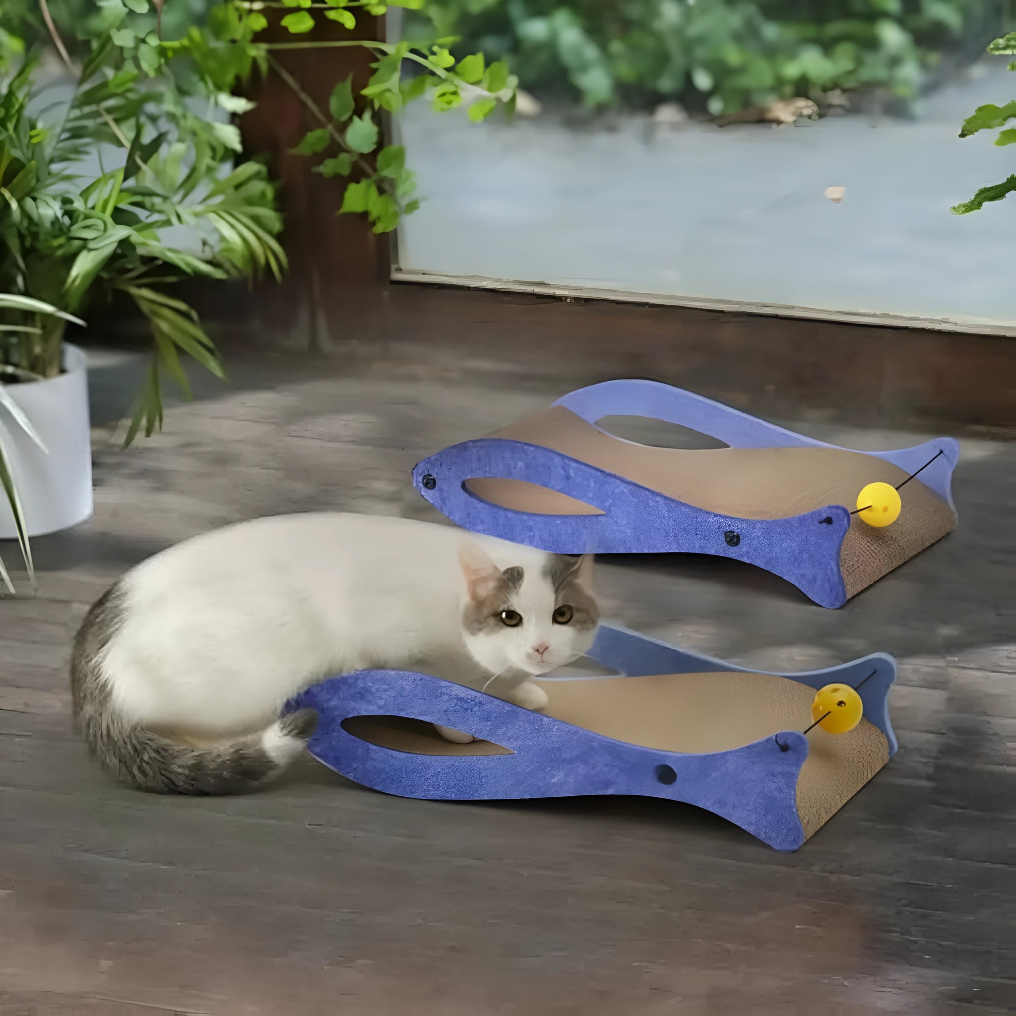 Blue fish-shaped cardboard cat scratcher with a wavy lounging area and a hanging bell ball toy.