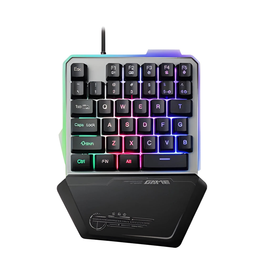 Black robotic one-handed G40 keyboard with RGB backlit keys on a desk.