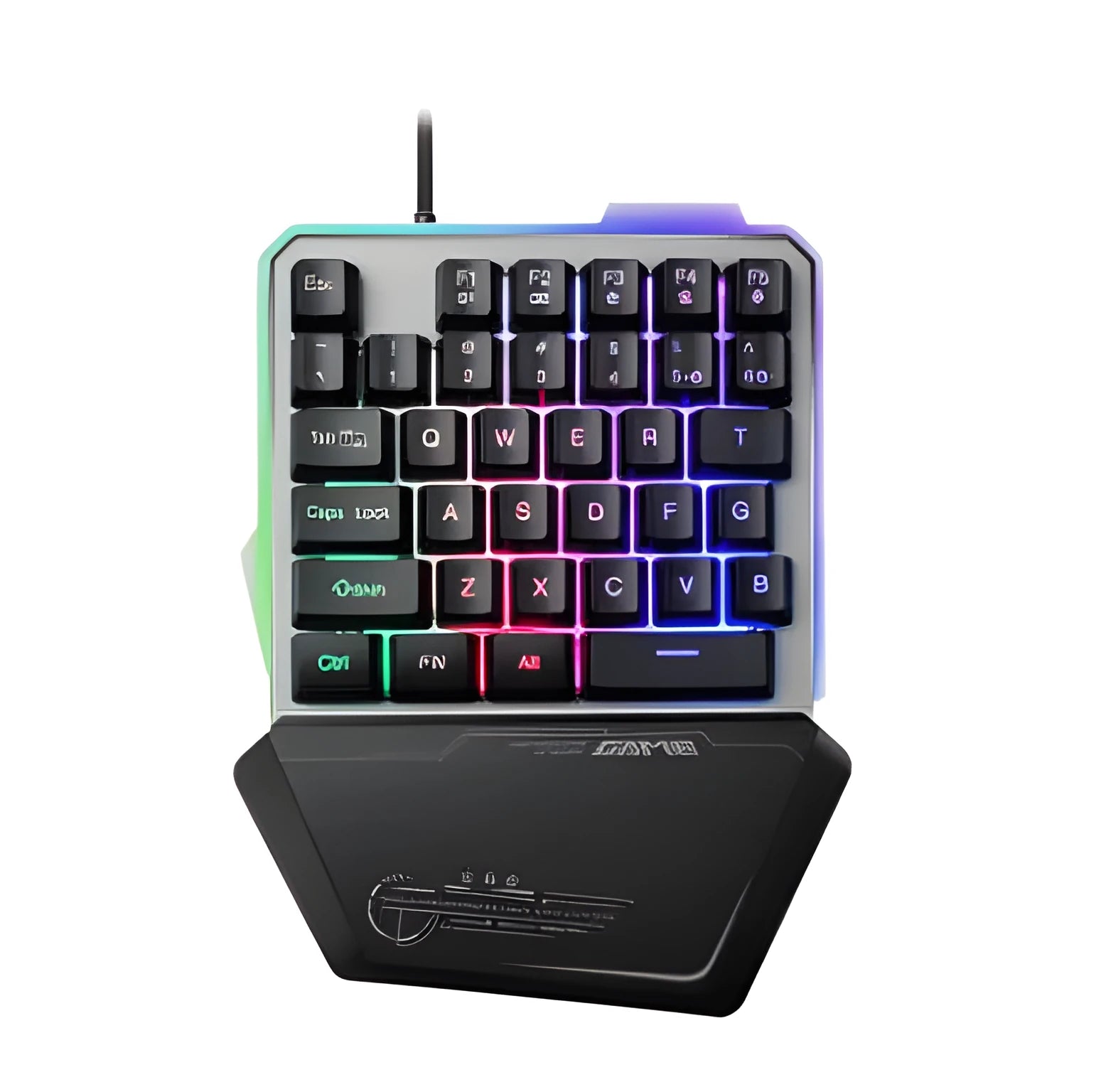 Black robotic one-handed G40 keyboard with RGB backlit keys on a desk.