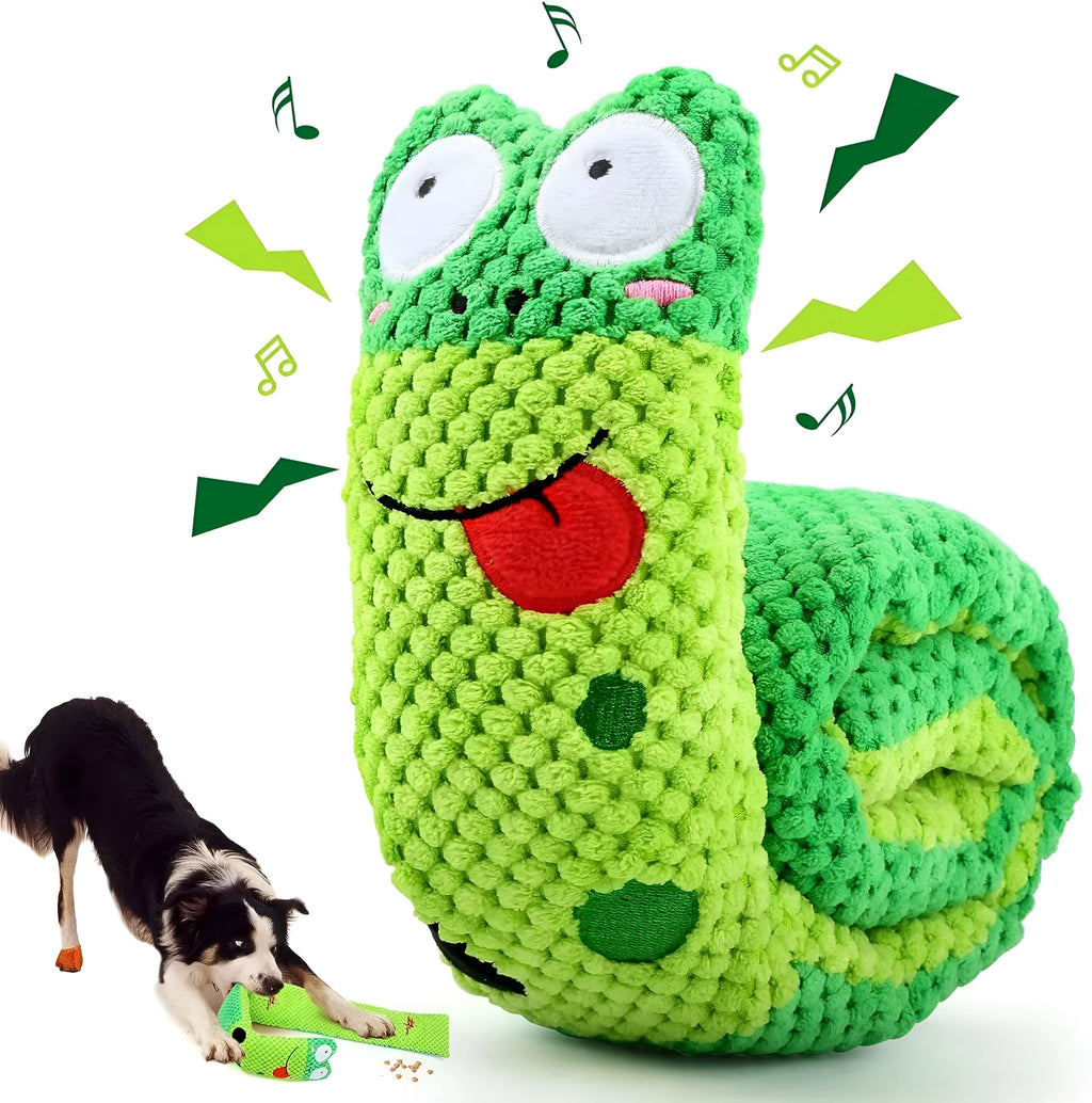 Squeak dog puzzle toy shaped like snail with velvet material and hidden food holes