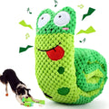 Squeak dog puzzle toy shaped like snail with velvet material and hidden food holes