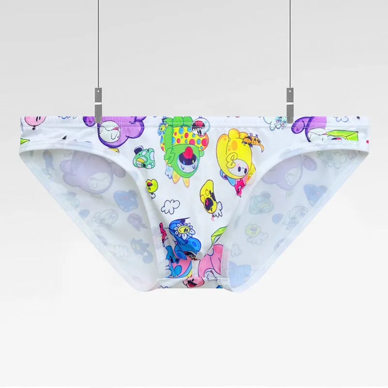 Cartoon bikini high fork men's briefs in seamless knitted nylon, low waist, pink colour, front view