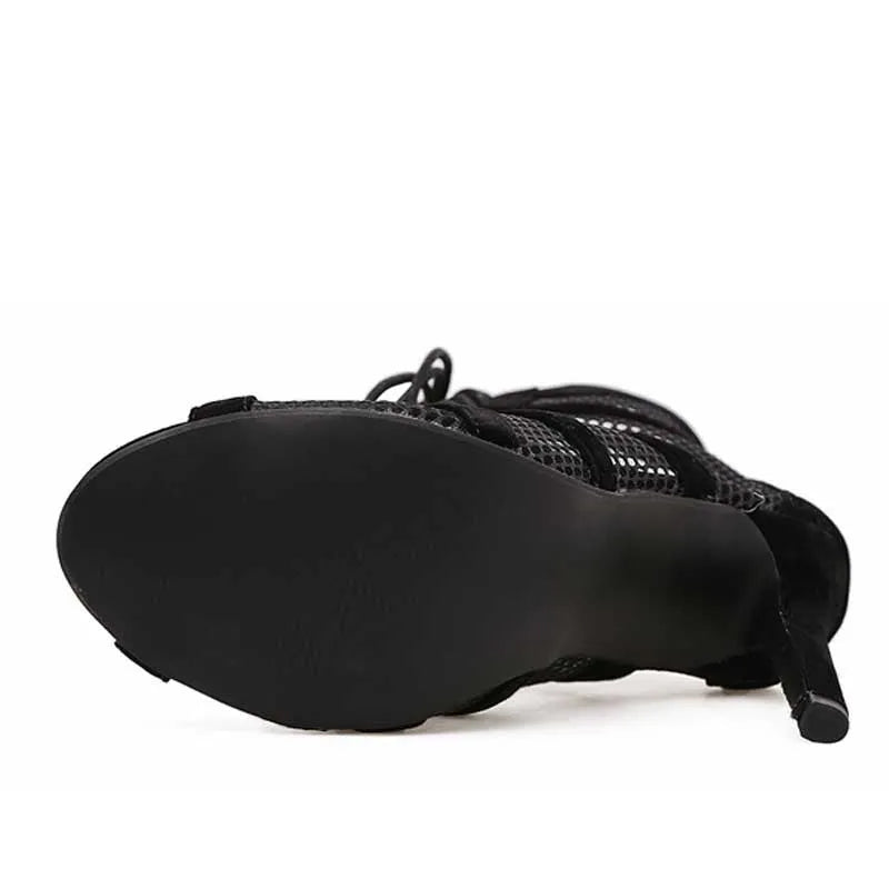 Black suede women's lace-up high heel shoes with an 11.5cm heel on a white background