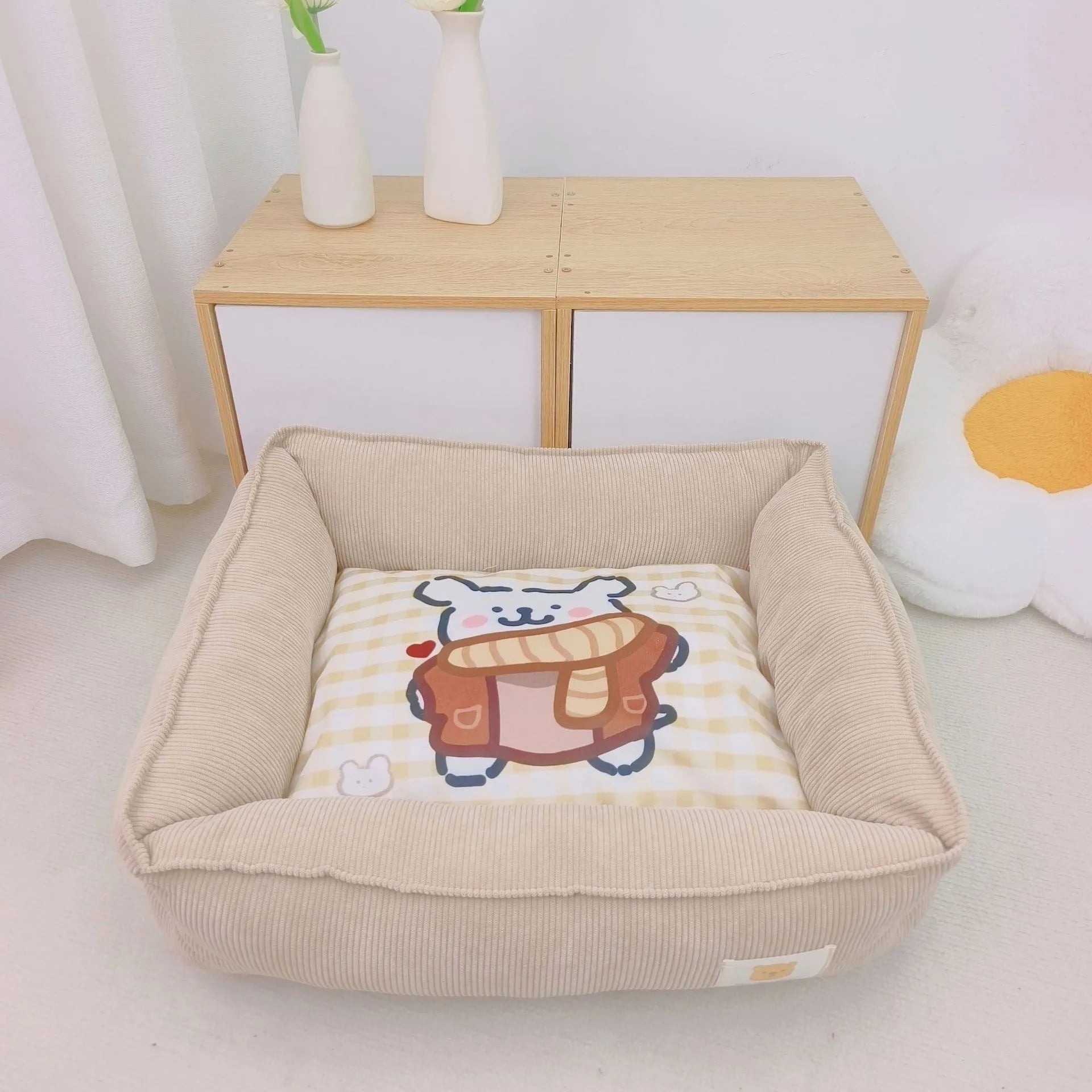 Soft fabric pet winter bed for dogs and cats in light blue colour, showing plush velvet texture.