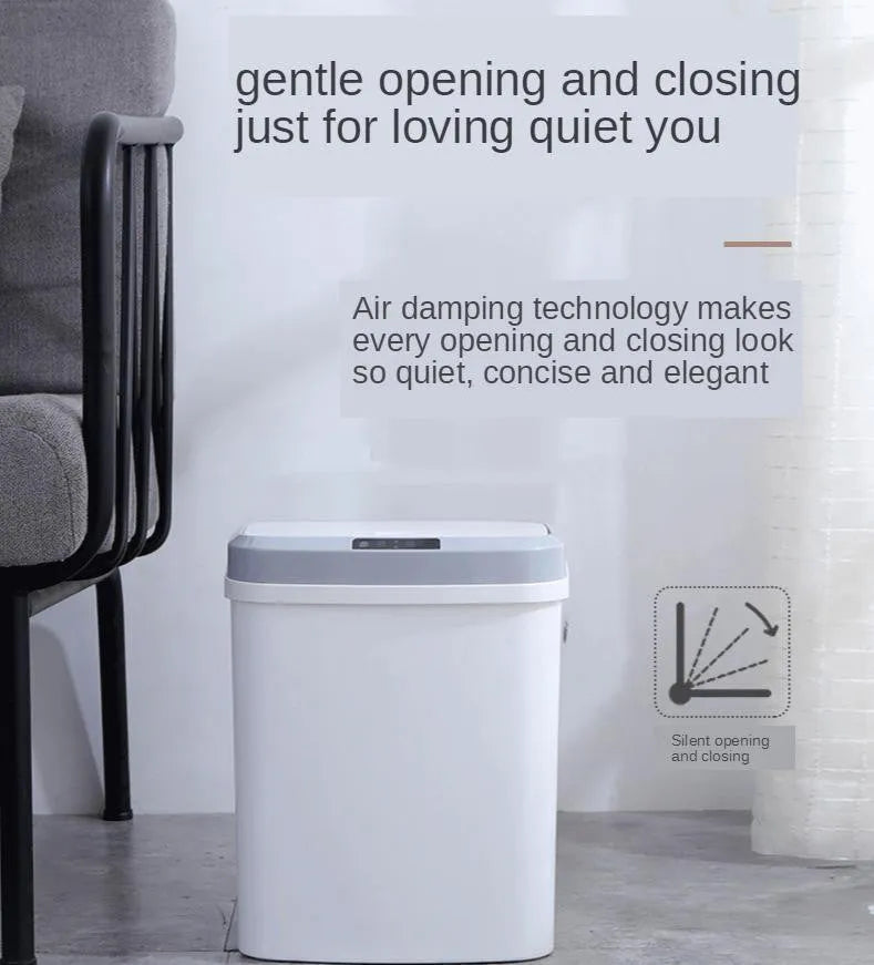 Smart induction trash can in black plastic with lid open, for kitchen or bathroom