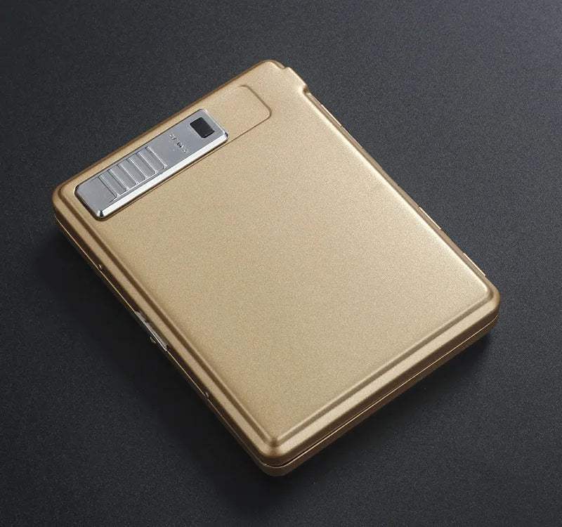 Classic flip charging metal cigarette case lighter with built-in windproof lighter, available in black, gold, and gray.