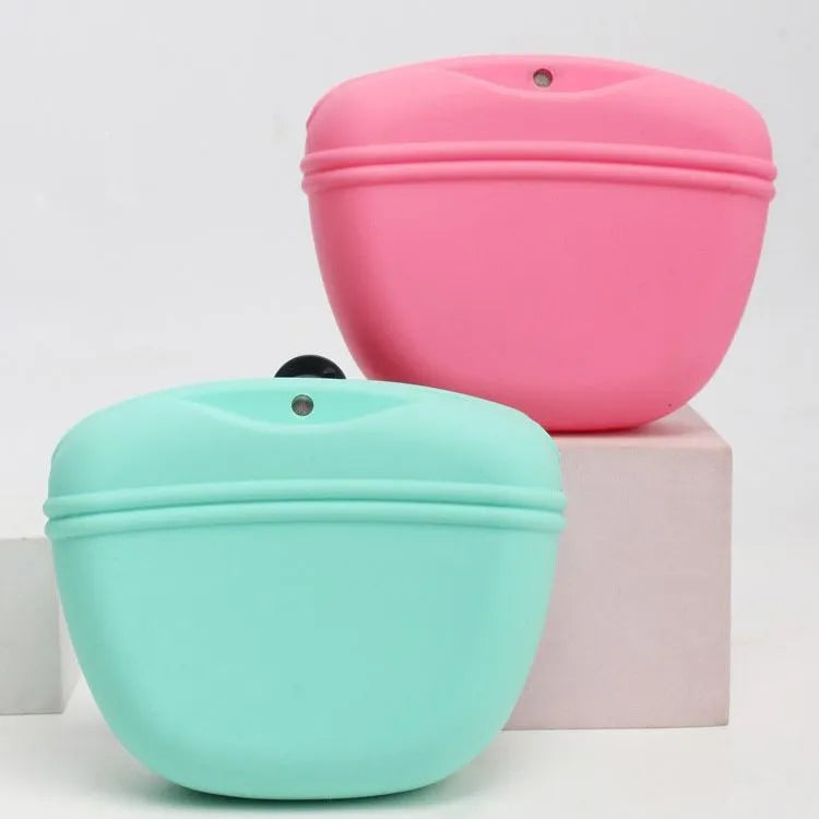 A silicone dog training treat pouch with a clip, shown in one of six available colours.