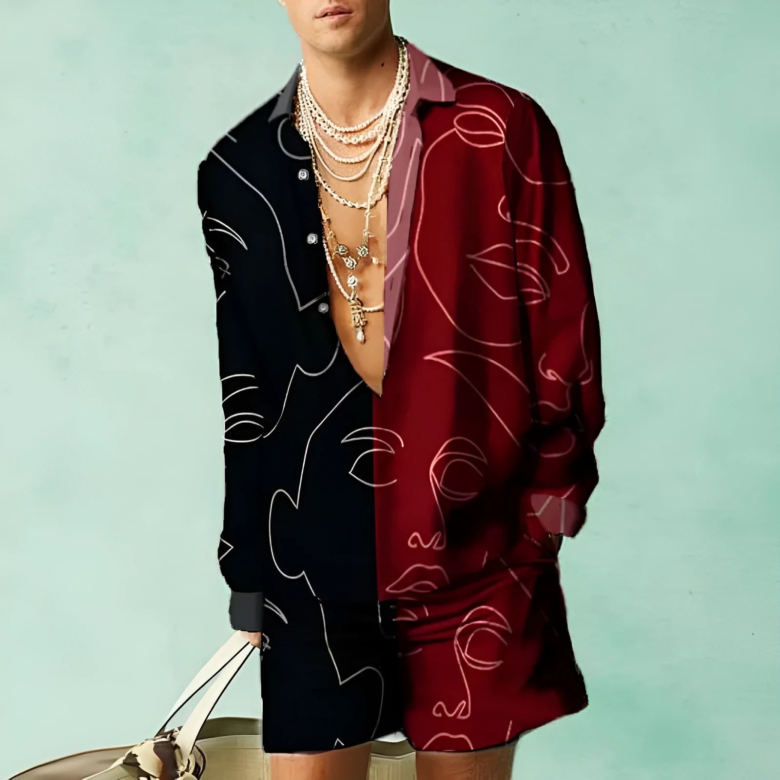 Men's slim fit polyester shirt and shorts set in a summer colour on a hanger