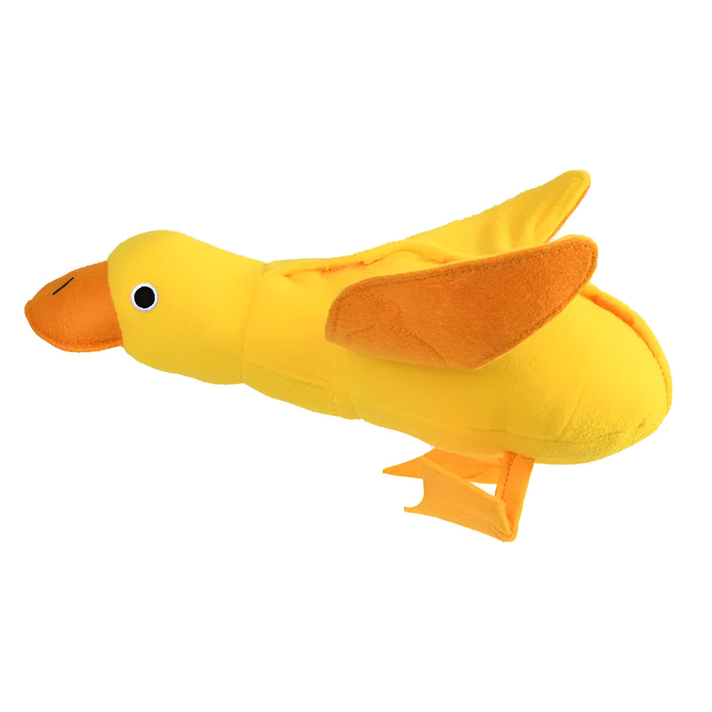 Yellow teddy bear dog toy with duck sound and treat compartments for training