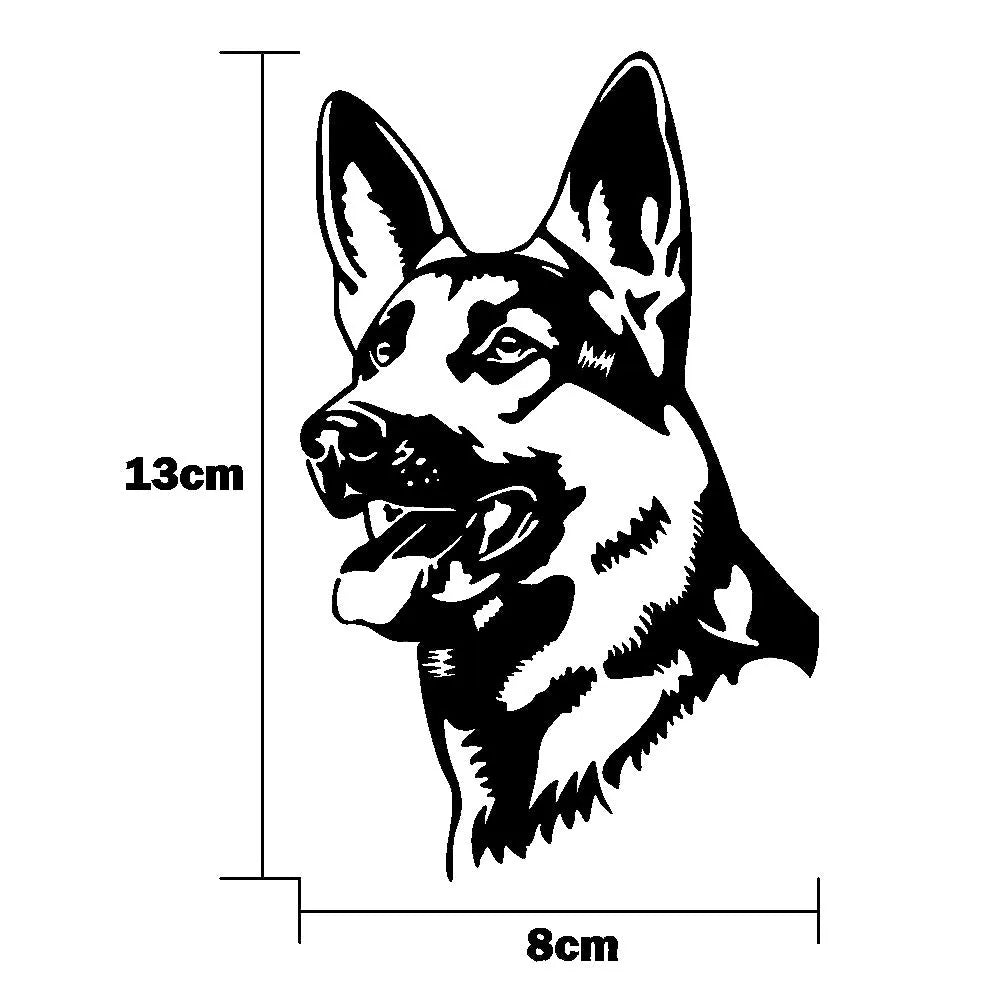 Reflective Alsatian German Shepherd dog bumper sticker on a car, showing colour options.