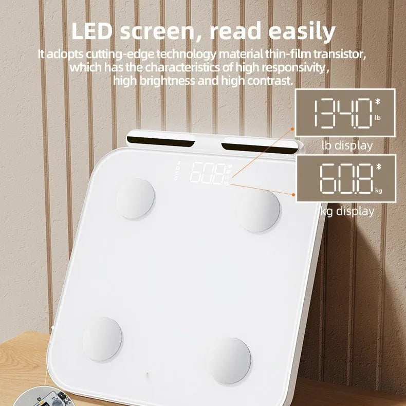 White tempered glass body fat scale with eight electrodes and LED display.