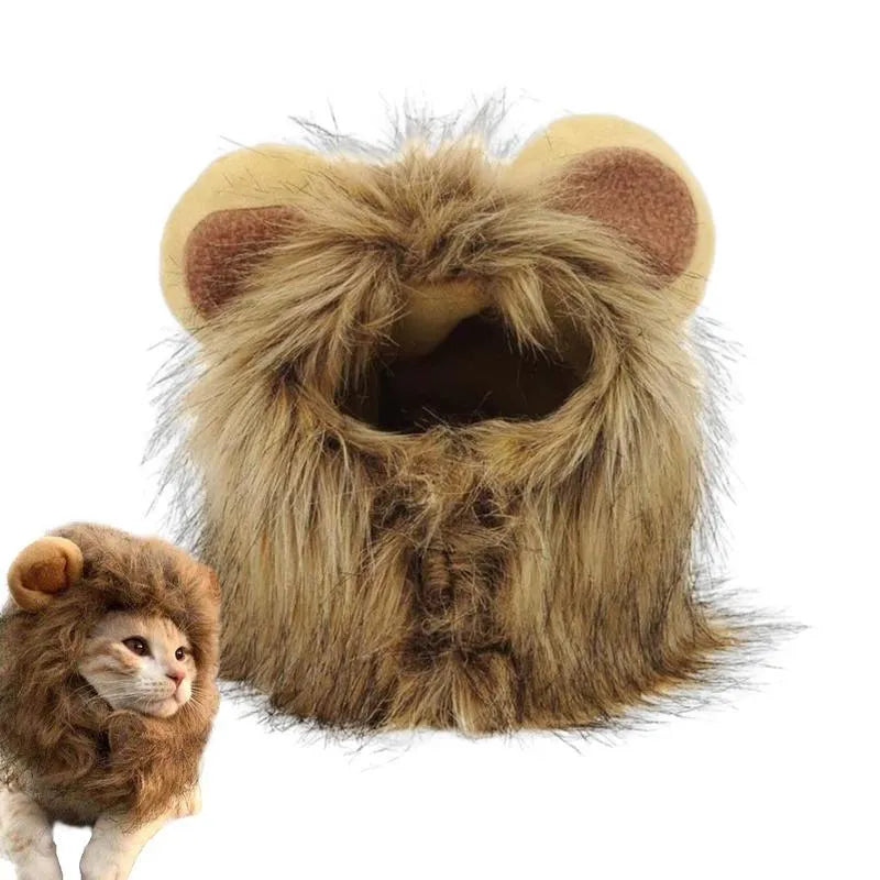 A grey cat wearing a brown lion mane wig with plush ears, showing the adjustable elastic band.