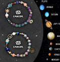 Two natural stone beaded bracelets showing different zodiac sign charms on an adjustable cord.