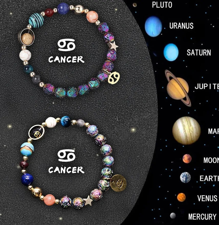 Two natural stone beaded bracelets showing different zodiac sign charms on an adjustable cord.