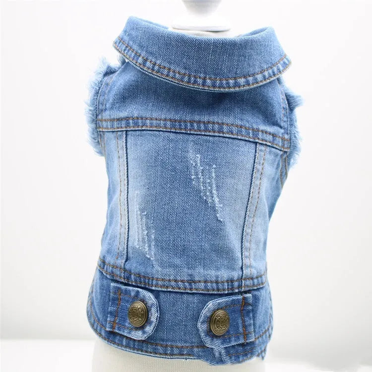 Retro scratch pattern denim dog vest in dark and light wash colours for small breeds