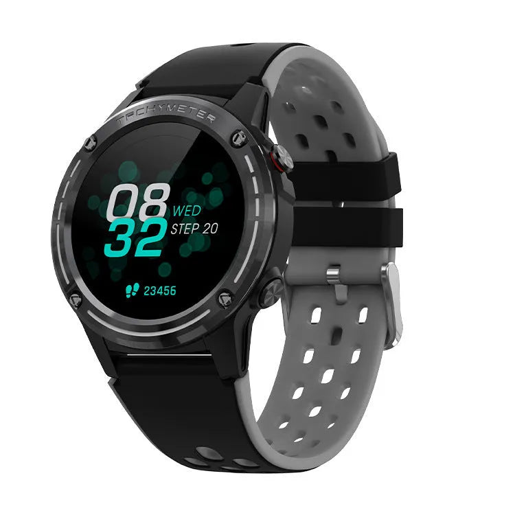 GPS smartwatch with silicone strap in blue, black, cyan, and silver black colour options.