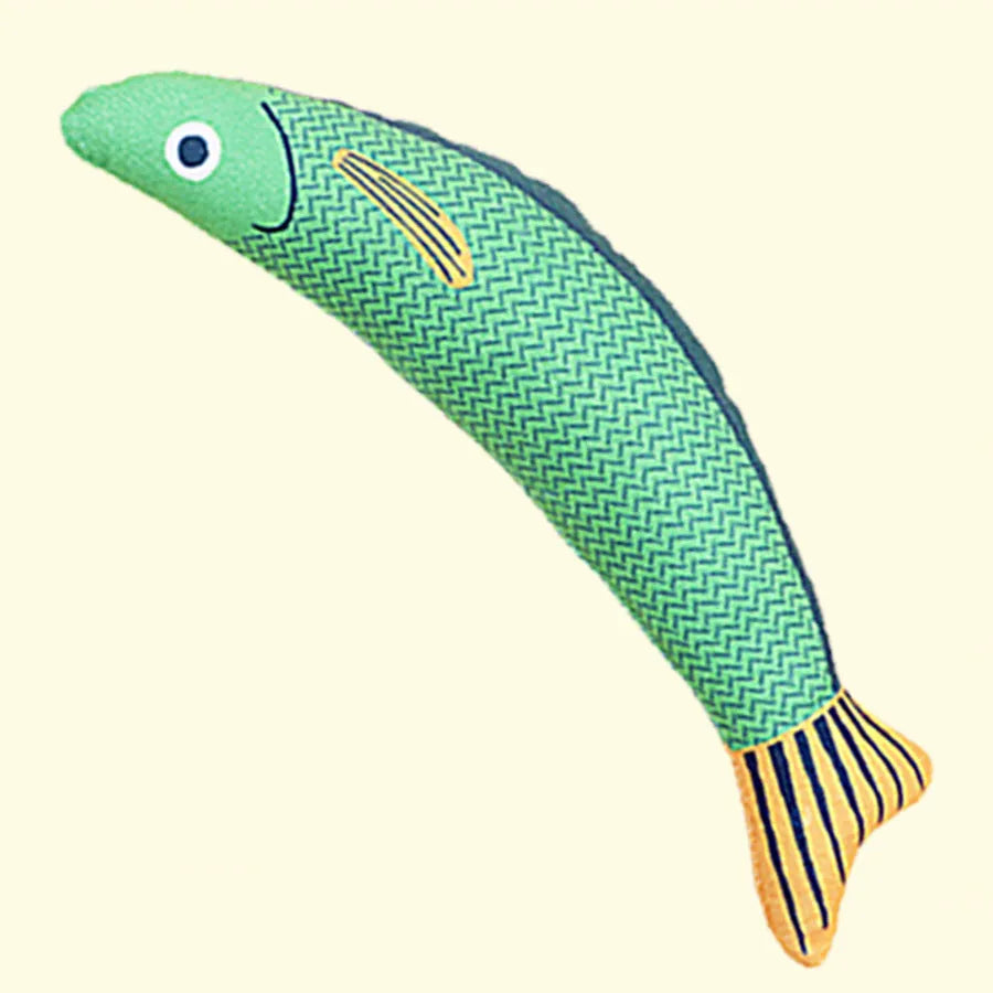 Soft plush catnip fish kicker toy in green, orange, or yellow colours for interactive cat play