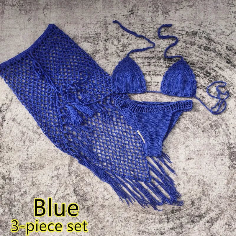 Women's 3-piece crochet bikini swimsuit set in a choice of colours on a mannequin.