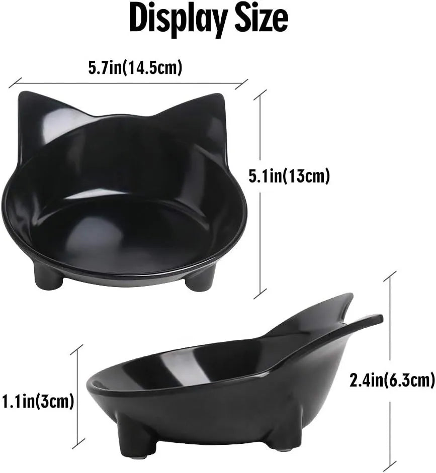White shallow melamine cat bowl with non-slip rubber base on a wooden table.