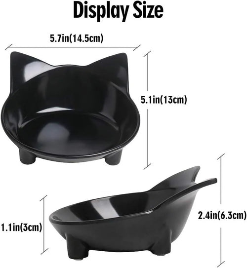White shallow melamine cat bowl with non-slip rubber base on a wooden table.