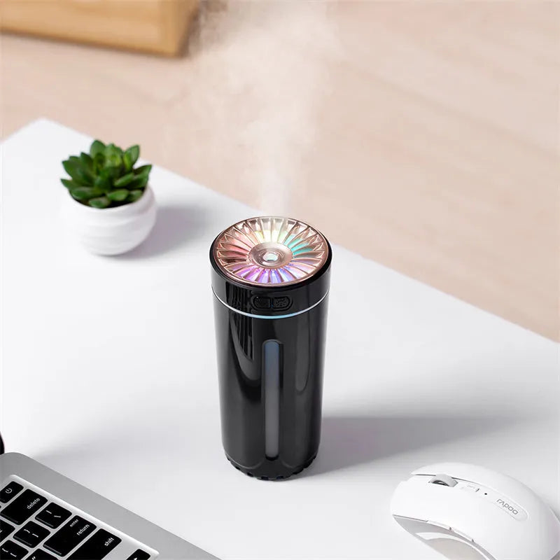 Wireless air humidifier with colorful lights, 69x69x125mm, black 9301A rechargeable model in car cup holder