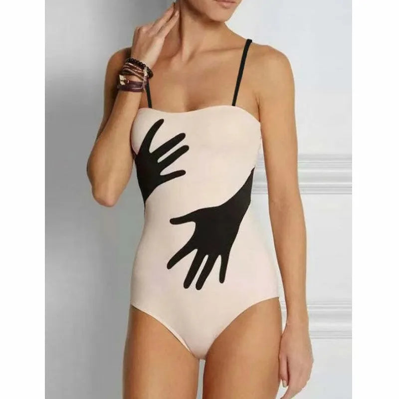 Women's patterned one-piece bikini swimsuit with attached tulle skirt in polyester fabric