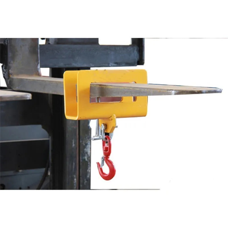 MK forklift hook attachment with rotatable hook and safety lock mounted on forklift forks.