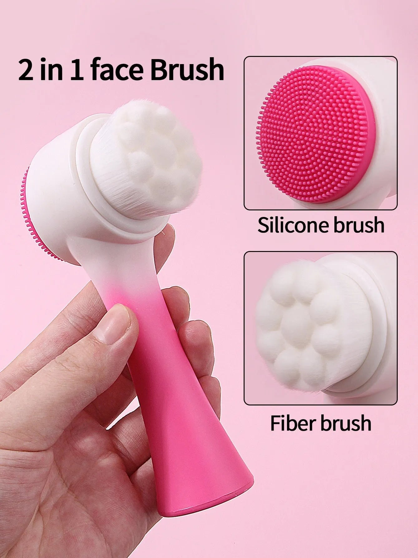 Facial brush with plastic handle and nylon bristles alongside coral fleece absorbent hair band in purple colour