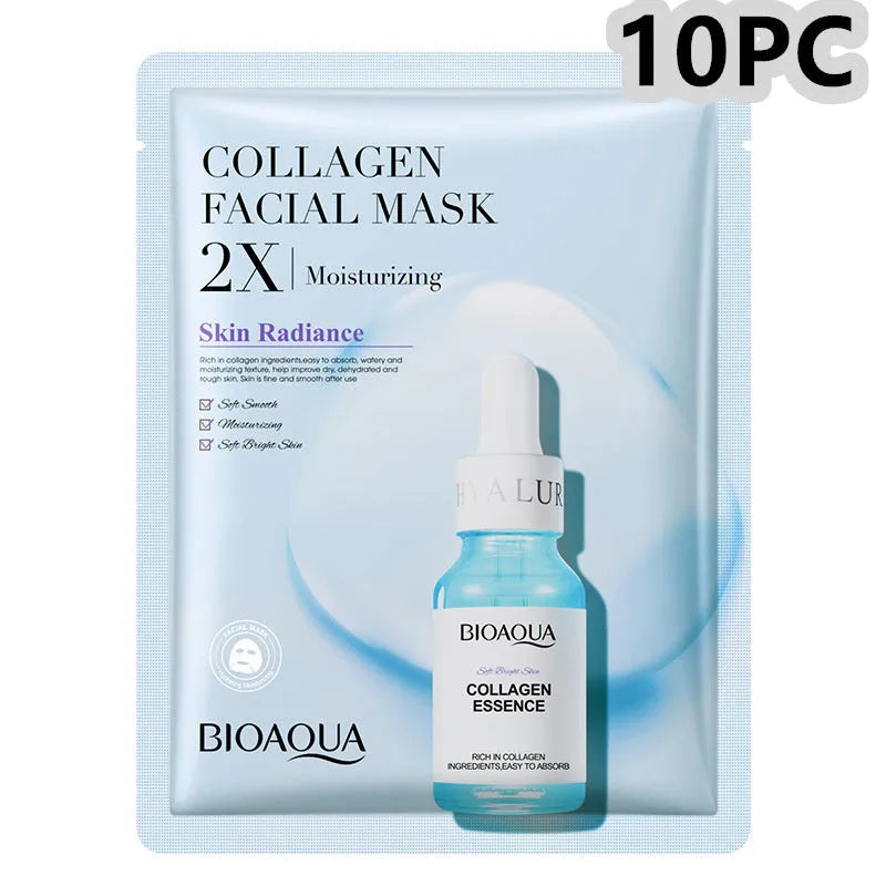 Single collagen hyaluronic acid facial sheet mask with 30g gel serum, shown on white background