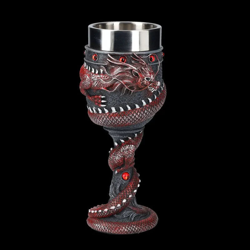 Gold and red Chinese dragon design wine glass with stainless steel stem and 200ml capacity