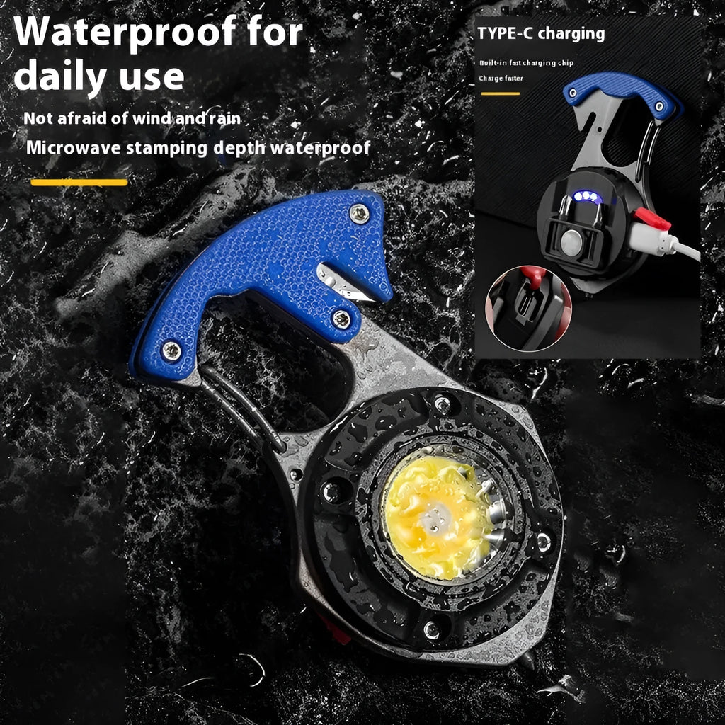 Portable multifunctional keychain flashlight with aluminium body, display screen, and window breaking hammer tip.