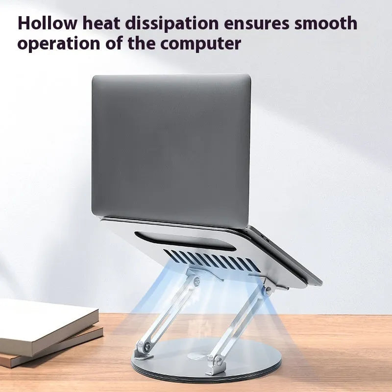 Silver aluminium laptop stand with height adjustment and rotatable design