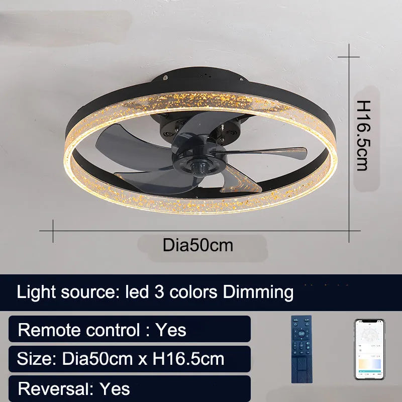 Nordic style ceiling fan lamp with remote control in coffee gold colour, 50cm diameter with LED lights