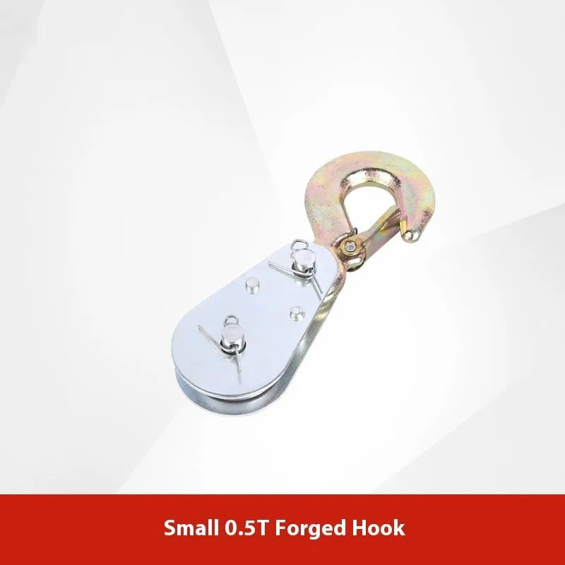 Red forged steel industrial lifting pulley with a safety latch on the hook