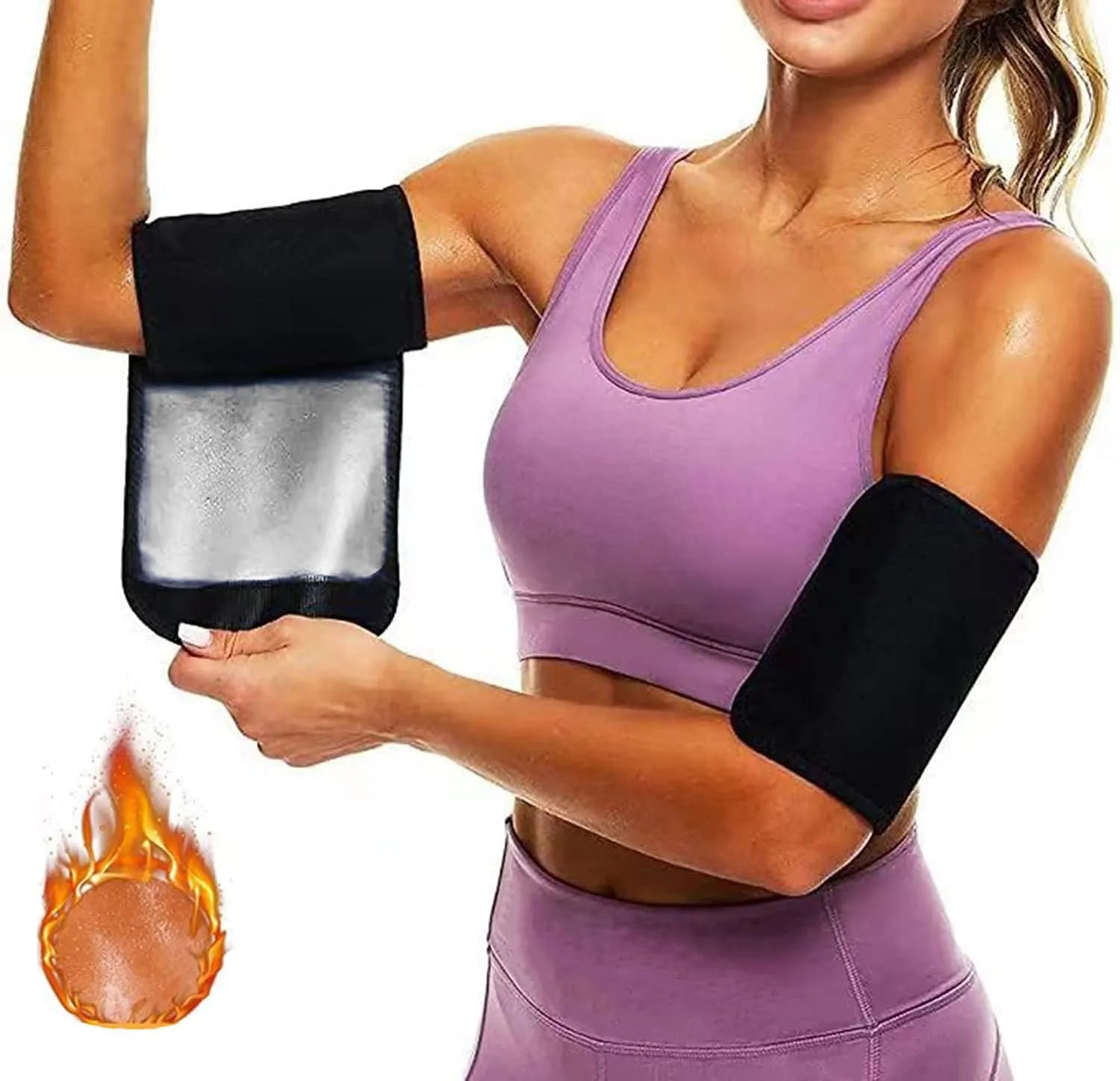 Sports arm sweatband shown in blue, silver, black and yellow, and black and red colour options for S to 5XL sizes.
