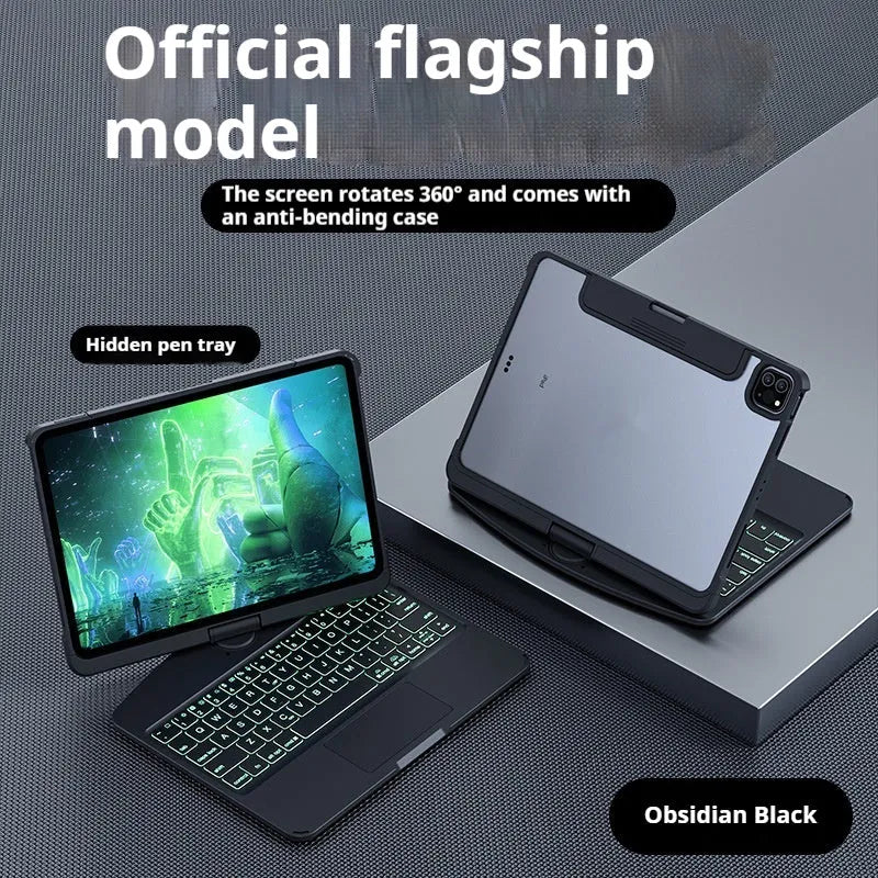 Transparent rotating keyboard protective case for iPad Air 5 tablet showing wireless keyboard and 360-degree hinge