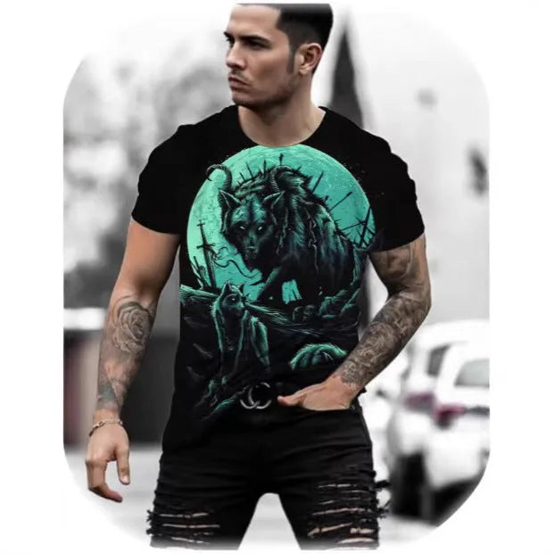 Man wearing a short-sleeved grey T-shirt with a detailed retro-style 3D animal graphic print on the front.