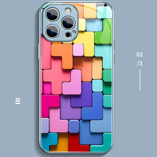 Cartoon geometric silicone phone case for iPhone models showing black, silver and pink glass colour options