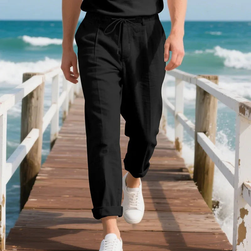 Men's linen casual trousers in loose straight fit with drawstring waist in various colours