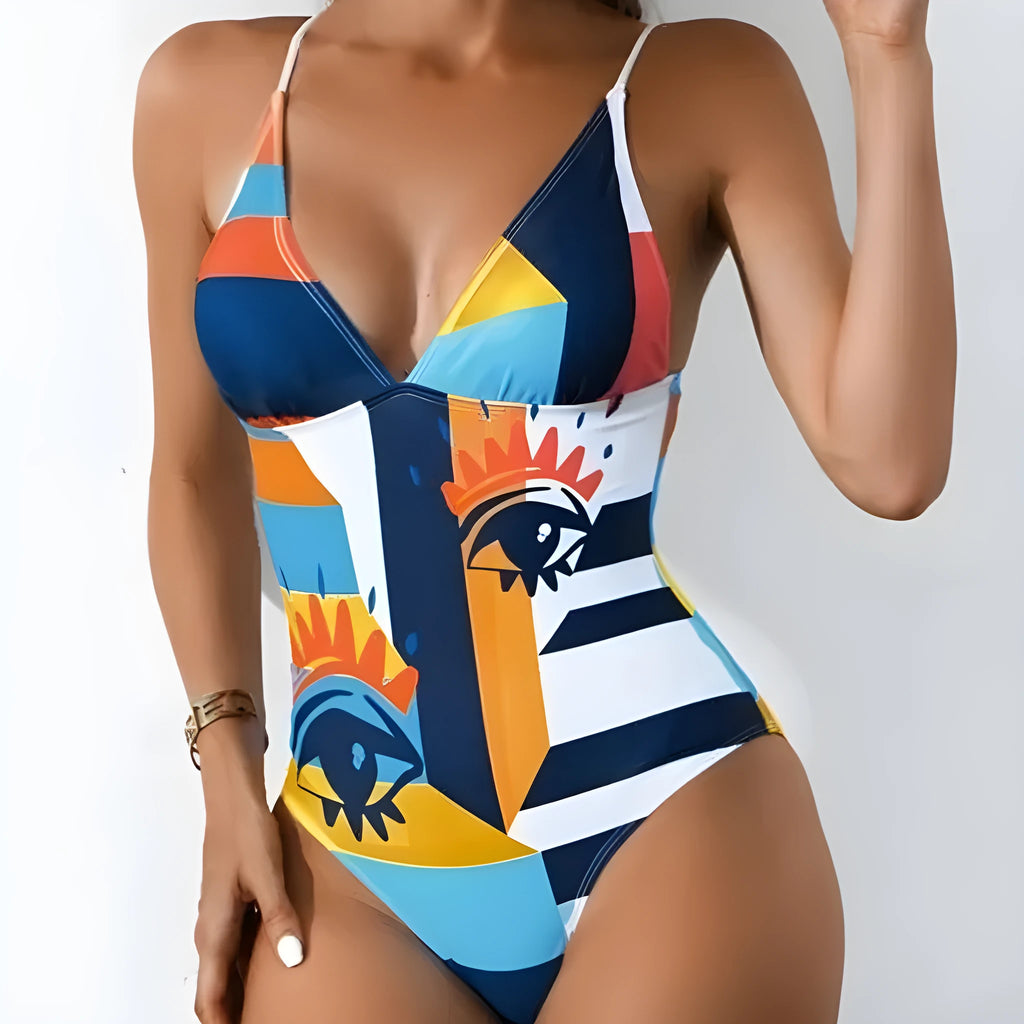 Women's plus size solid colour backless swimsuit in blue with high elasticity construction
