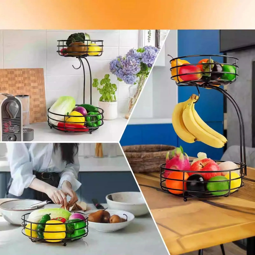 Double-layer black and gold wrought iron fruit basket with two storage tiers