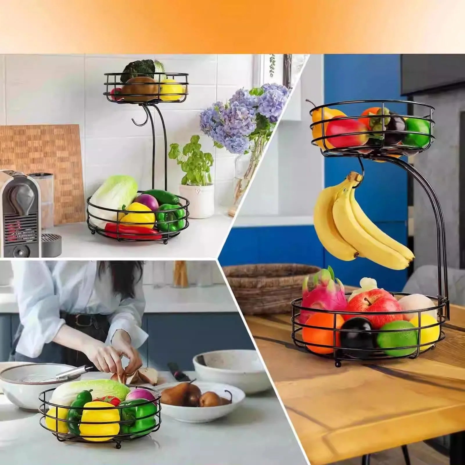 Double-layer black and gold wrought iron fruit basket with two storage tiers