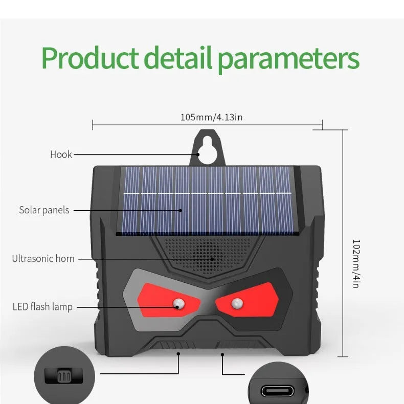 Black animal-shaped solar-powered ultrasonic pest repeller for outdoor use