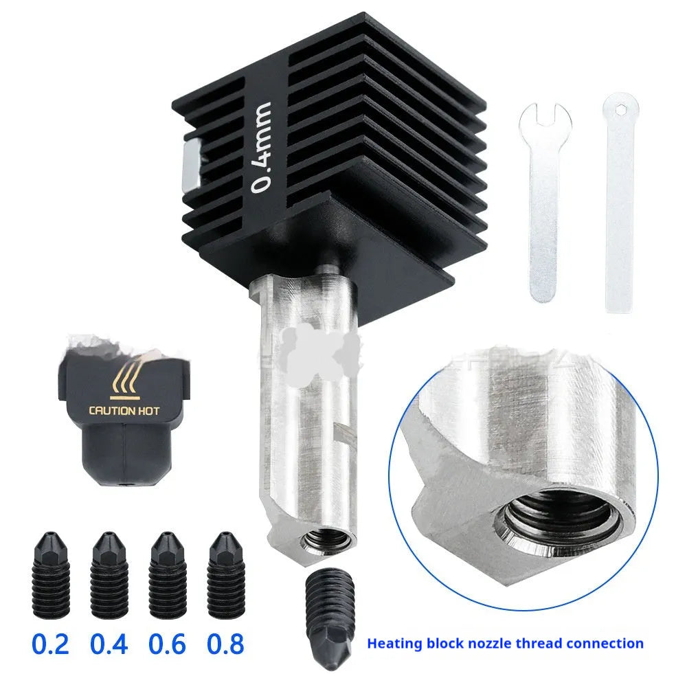Bambu Lab A1 Mini 3D printer hot end assembly with black silicone sleeve and hardened steel nozzle.