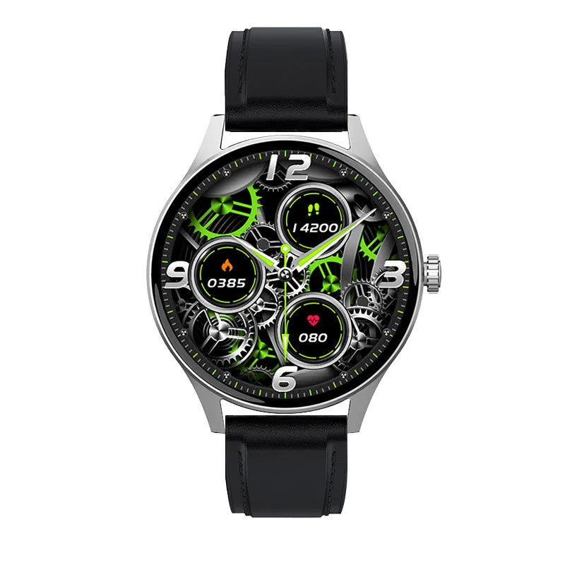 Smart watch with circular AMOLED screen showing health stats, on a black silicone wristband.